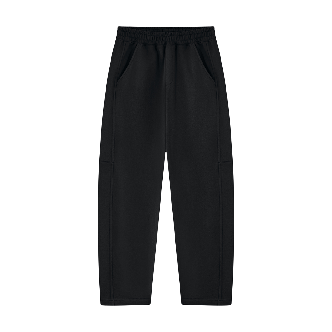 Black unisex sweatpants with elastic waistband and tapered straight hem, side seam detail.