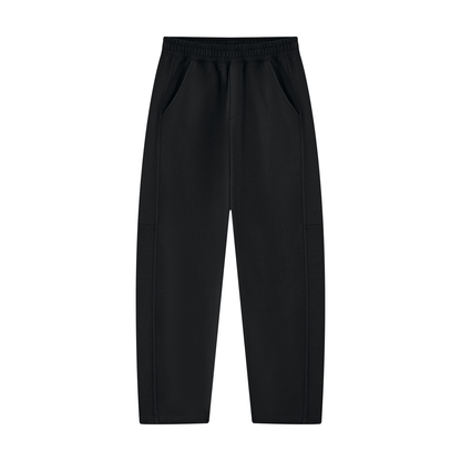 Black unisex sweatpants with elastic waistband and tapered straight hem, side seam detail.