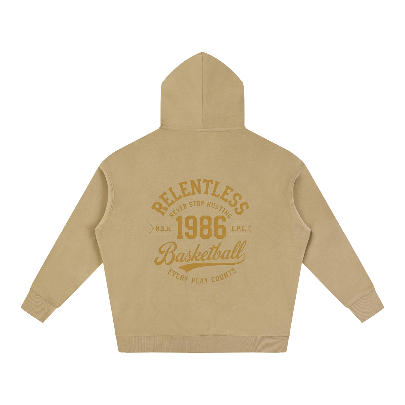 Oversized fleece hoodie, tan, back basketball graphic, hood and kangaroo pocket