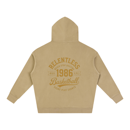 Oversized fleece hoodie, tan, back basketball graphic, hood and kangaroo pocket