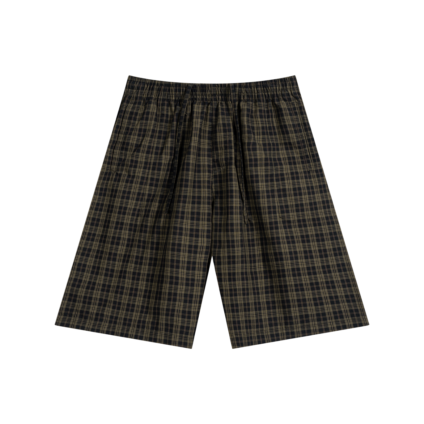 Plaid wide-leg shorts with elastic waistband and drawstring, dark green-black