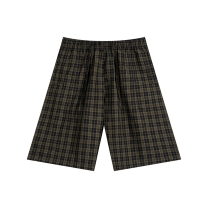 Dark plaid wide-leg shorts with elastic waistband and drawstring ties