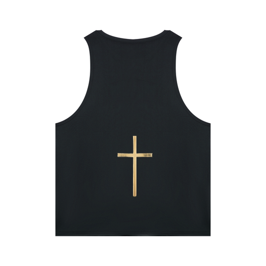 Black men's performance tank top with gold cross print on front