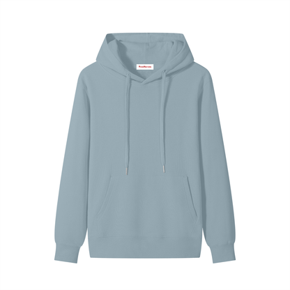Unisex cotton hoodie in haze blue, front view with drawstring hood and kangaroo pocket.