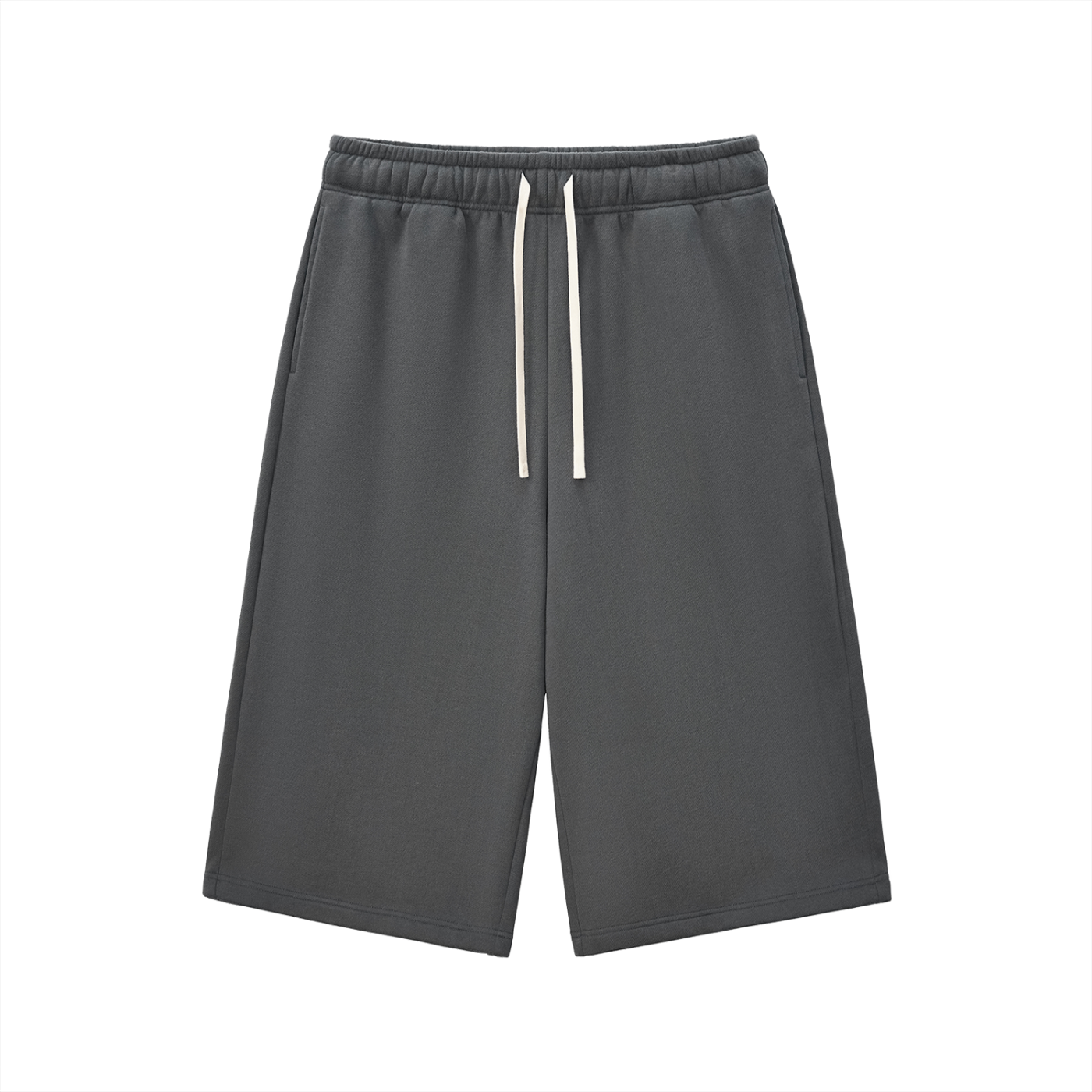 Charcoal gray three-quarter sweatpants with elastic waistband and drawstring