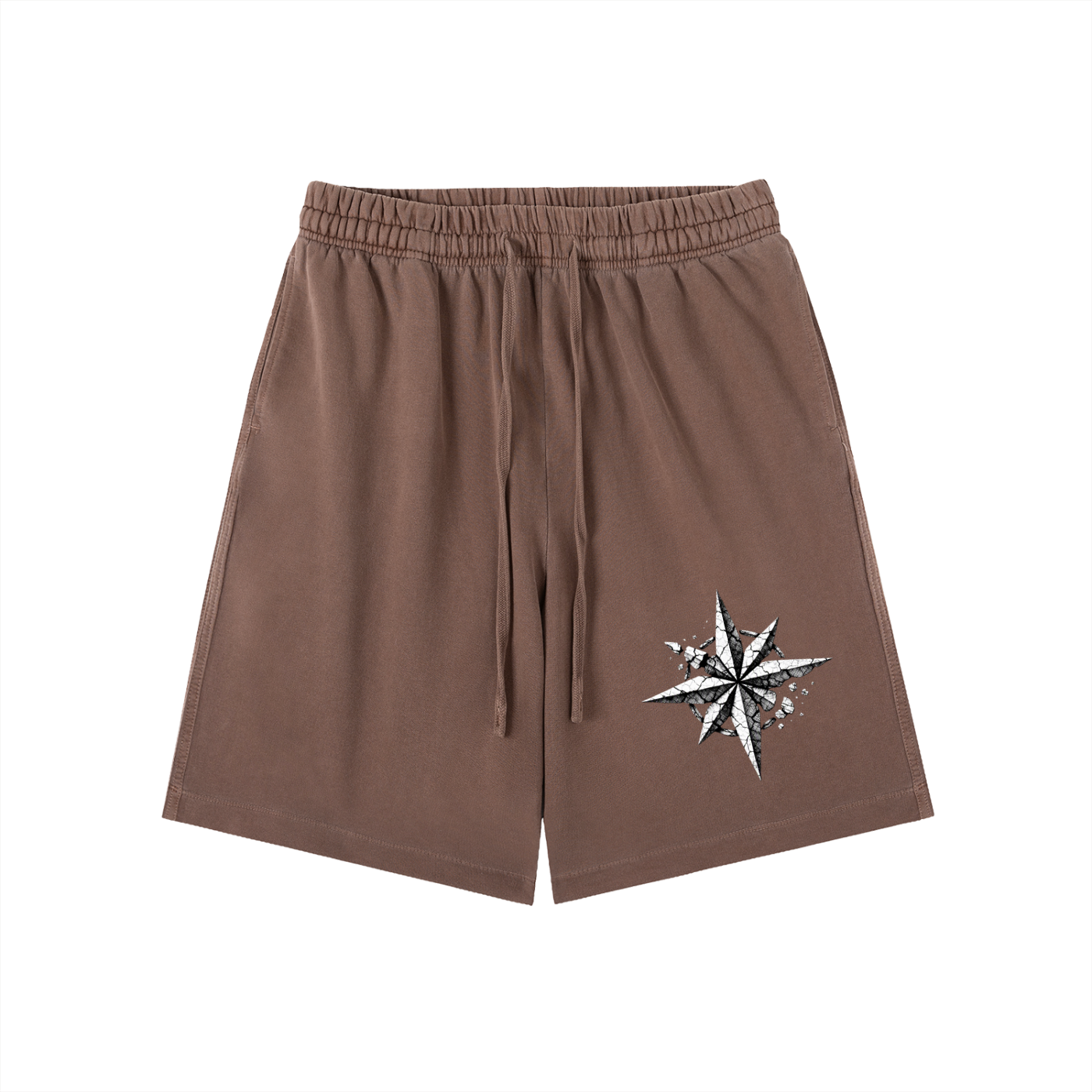 Brown vintage-wash cotton shorts with elastic waistband, drawstring, and side star graphic.