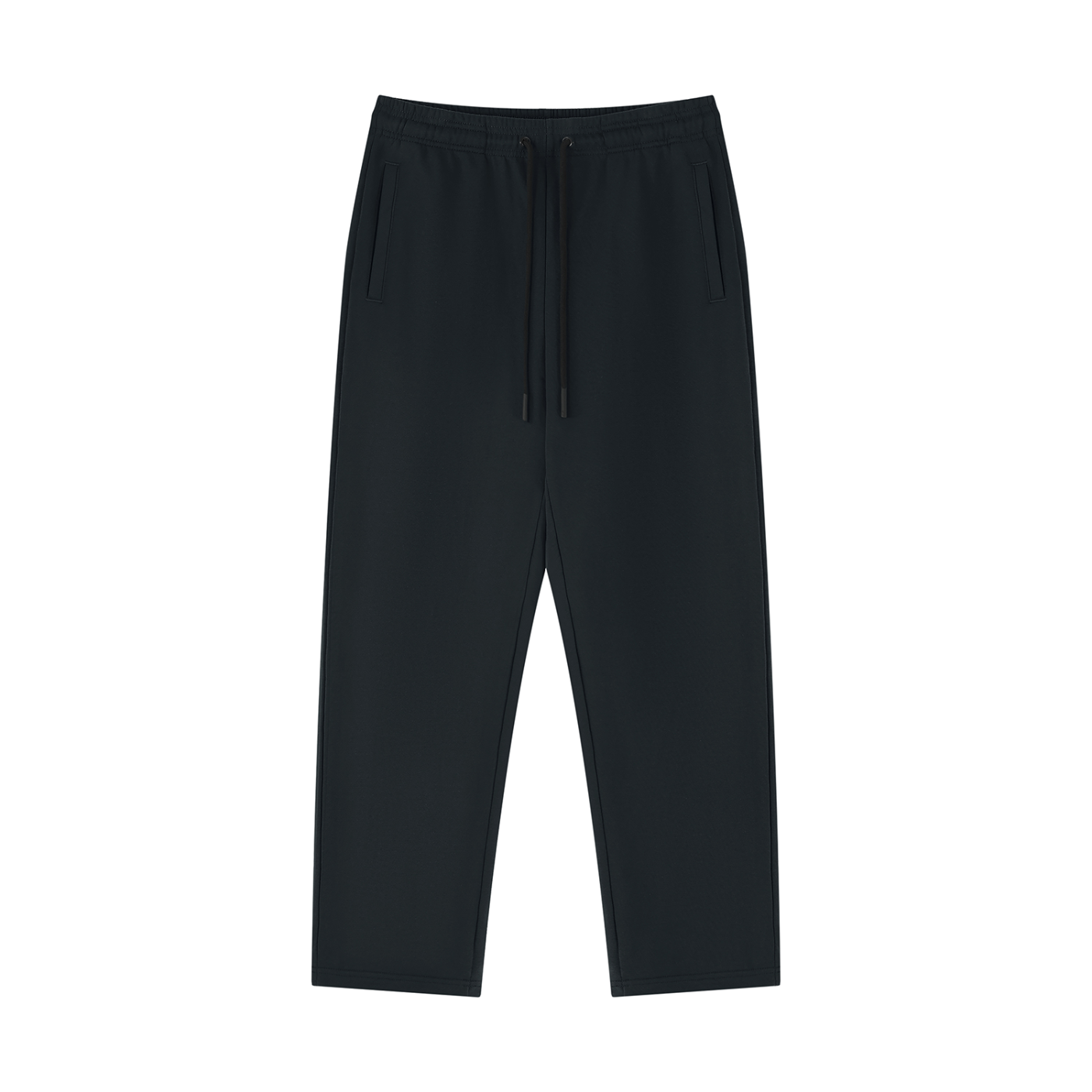 Black straight-leg sweatpants with elastic waistband and drawstring, side pockets