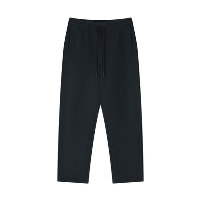 Black straight-leg sweatpants with elastic waistband and drawstring, side pockets