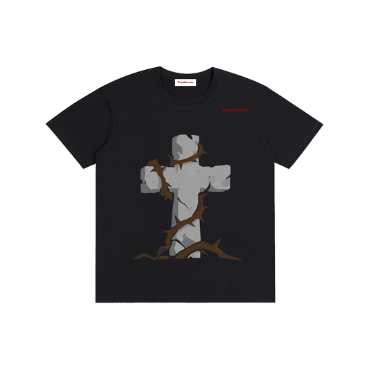 Unisex pure cotton T-shirt, dark charcoal with gray Jesus raising-arms graphic