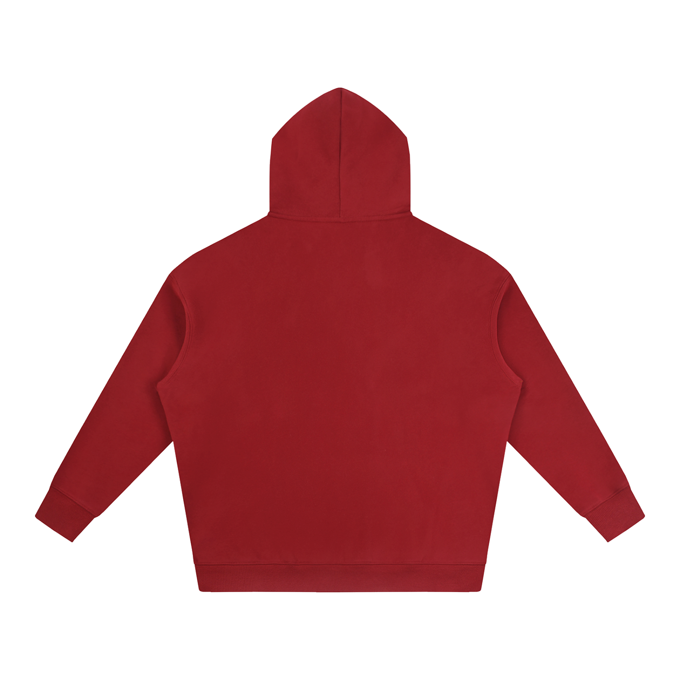 Oversize fleece hoodie, red back view with hood and front pouch pocket