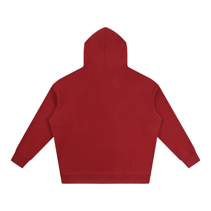 Oversize fleece hoodie, red back view with hood and front pouch pocket