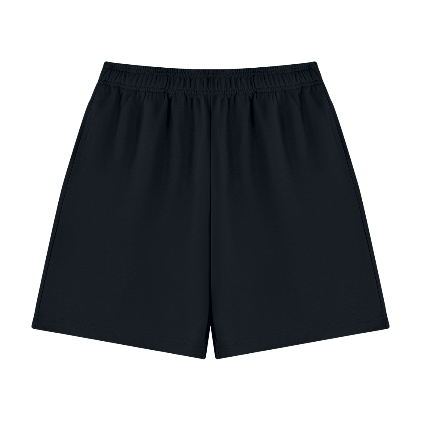 Unisex cotton shorts in dark navy, elastic waistband, no visible pocket.