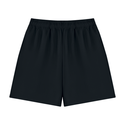 Unisex cotton drawstring shorts, dark black color, straight hem
