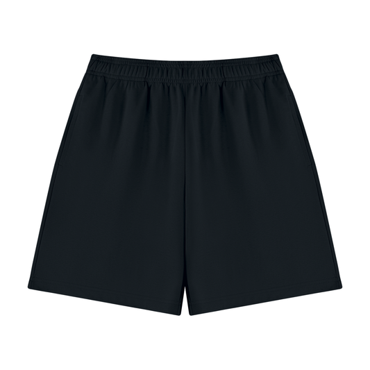 Unisex cotton drawstring shorts, dark black color, straight hem