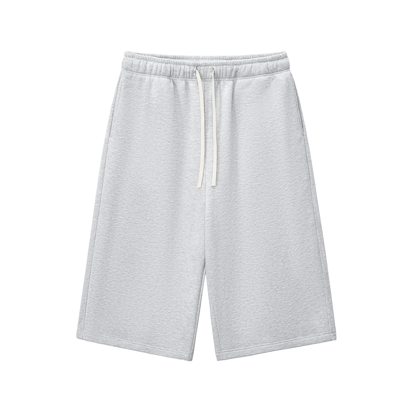 Light gray three-quarter sweatpants with elastic waistband and drawstring, relaxed fit