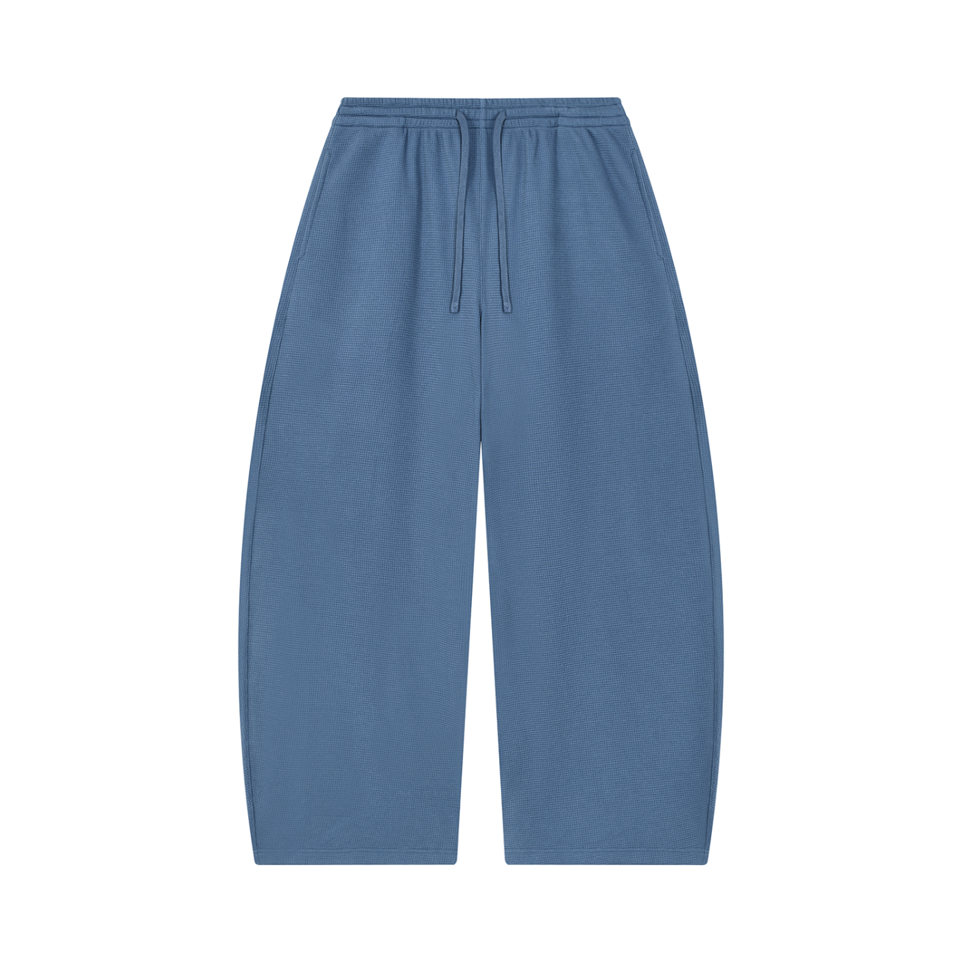 Waffle barrel leg pants in blue, elastic waistband with drawstring