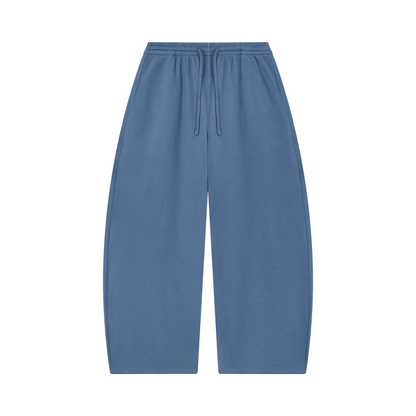 Waffle barrel leg pants in blue, elastic waistband with drawstring