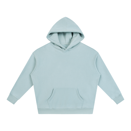 Light blue oversized fleece hoodie with hood and kangaroo pocket, long sleeves.