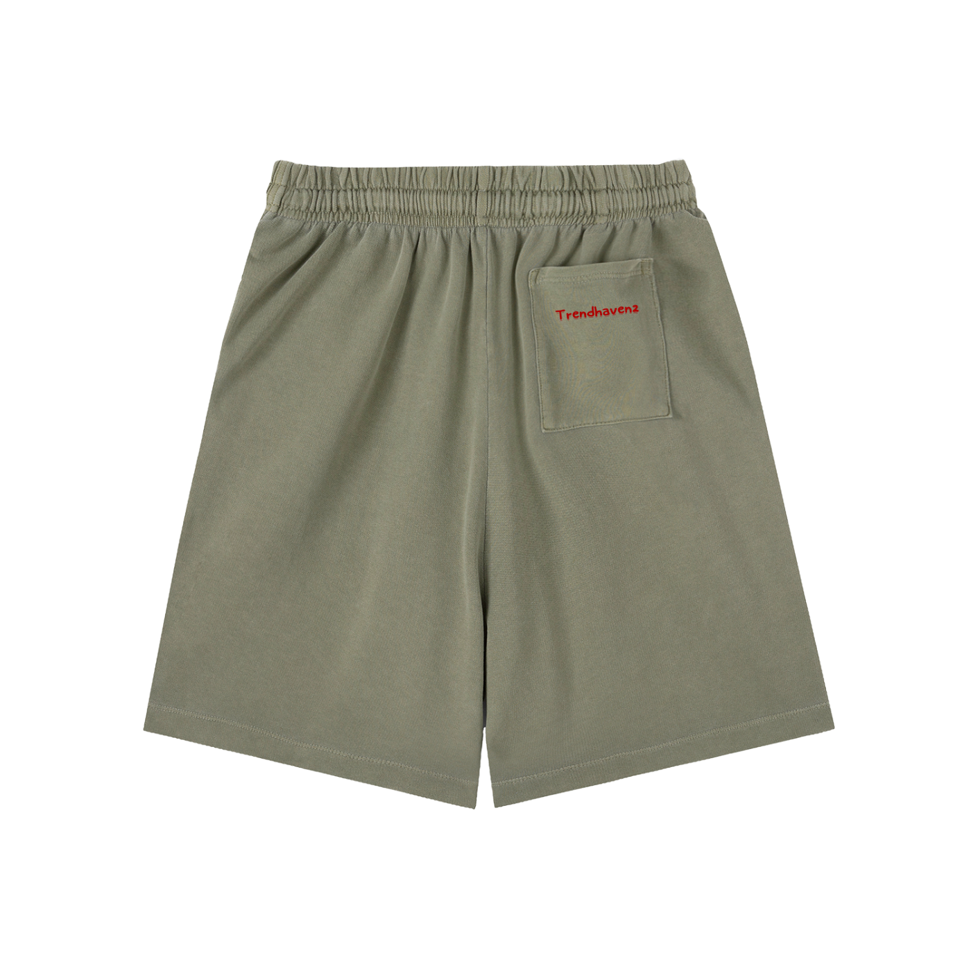Army green cotton shorts with elastic waist, drawstring, and side chest pocket
