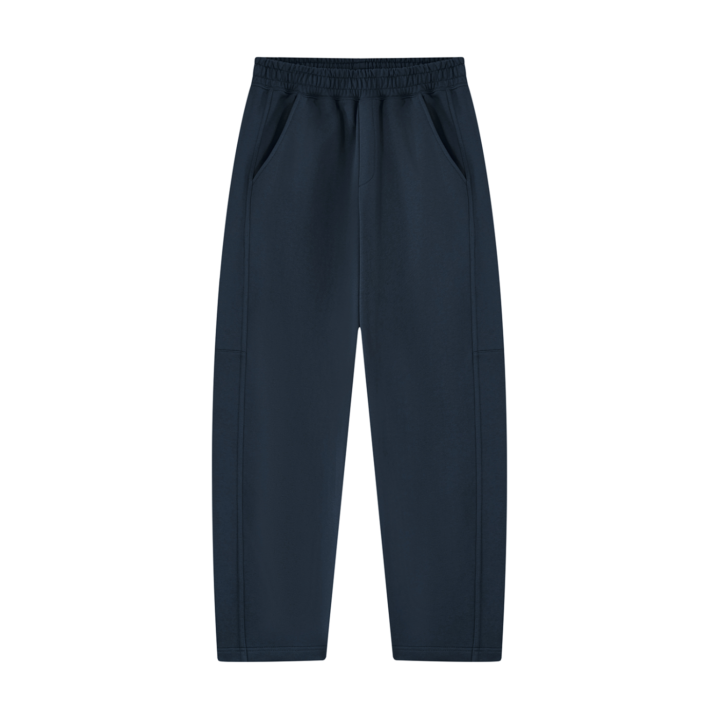 Navy blue unisex tapered sweatpants with elastic waistband and straight hem