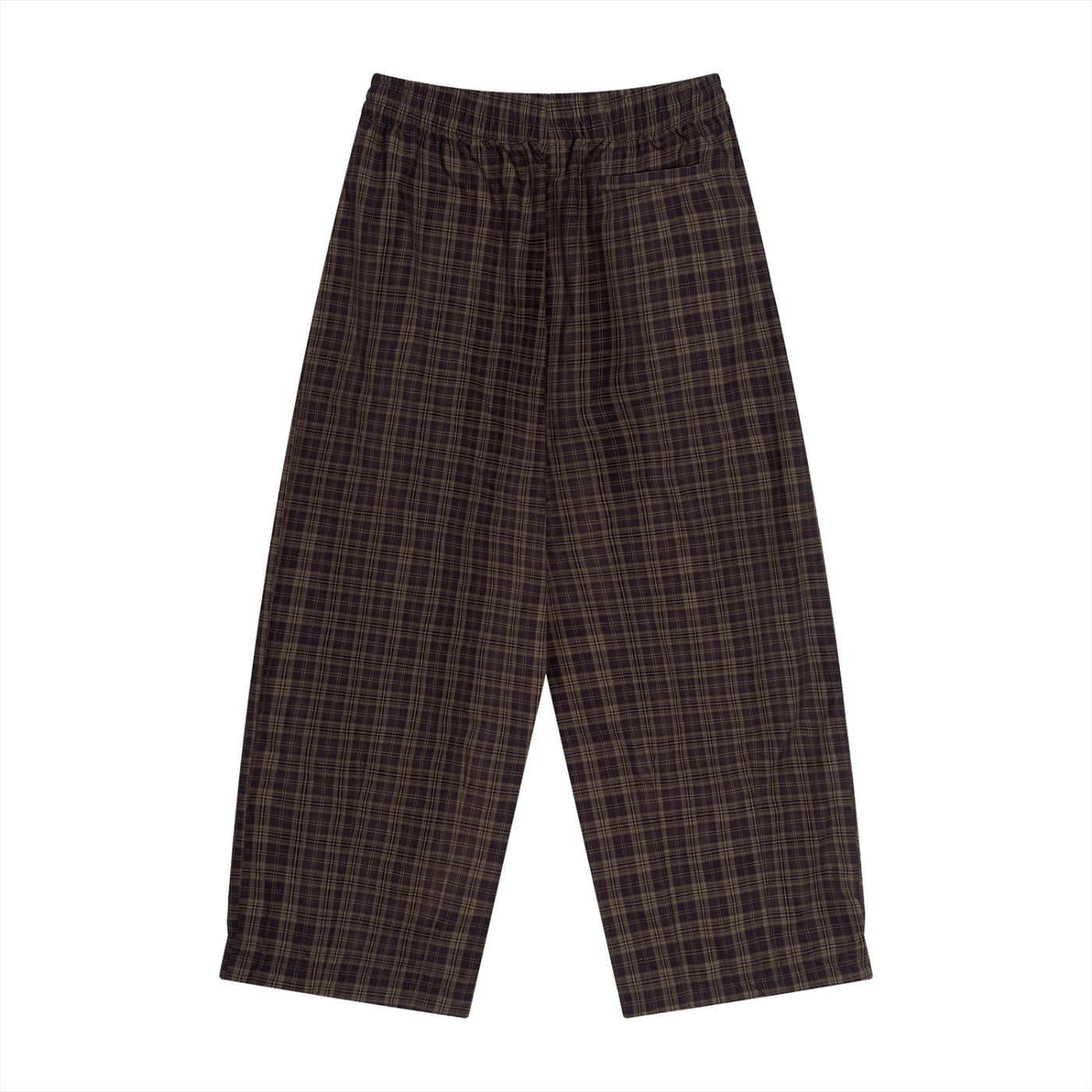Unisex red-brown plaid wide-leg pants with elastic waistband and straight wide silhouette