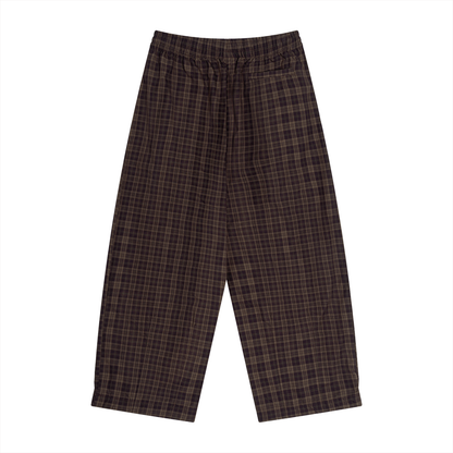 Unisex red-brown plaid wide-leg pants with elastic waistband and straight wide silhouette