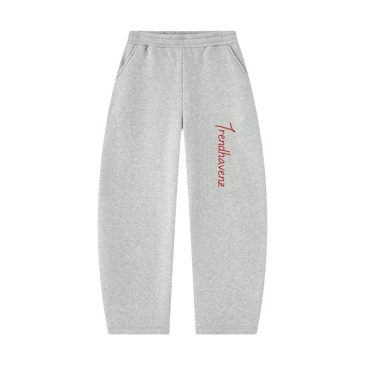 Heather gray barrel-leg unisex sweatpants with red logo and elastic waistband