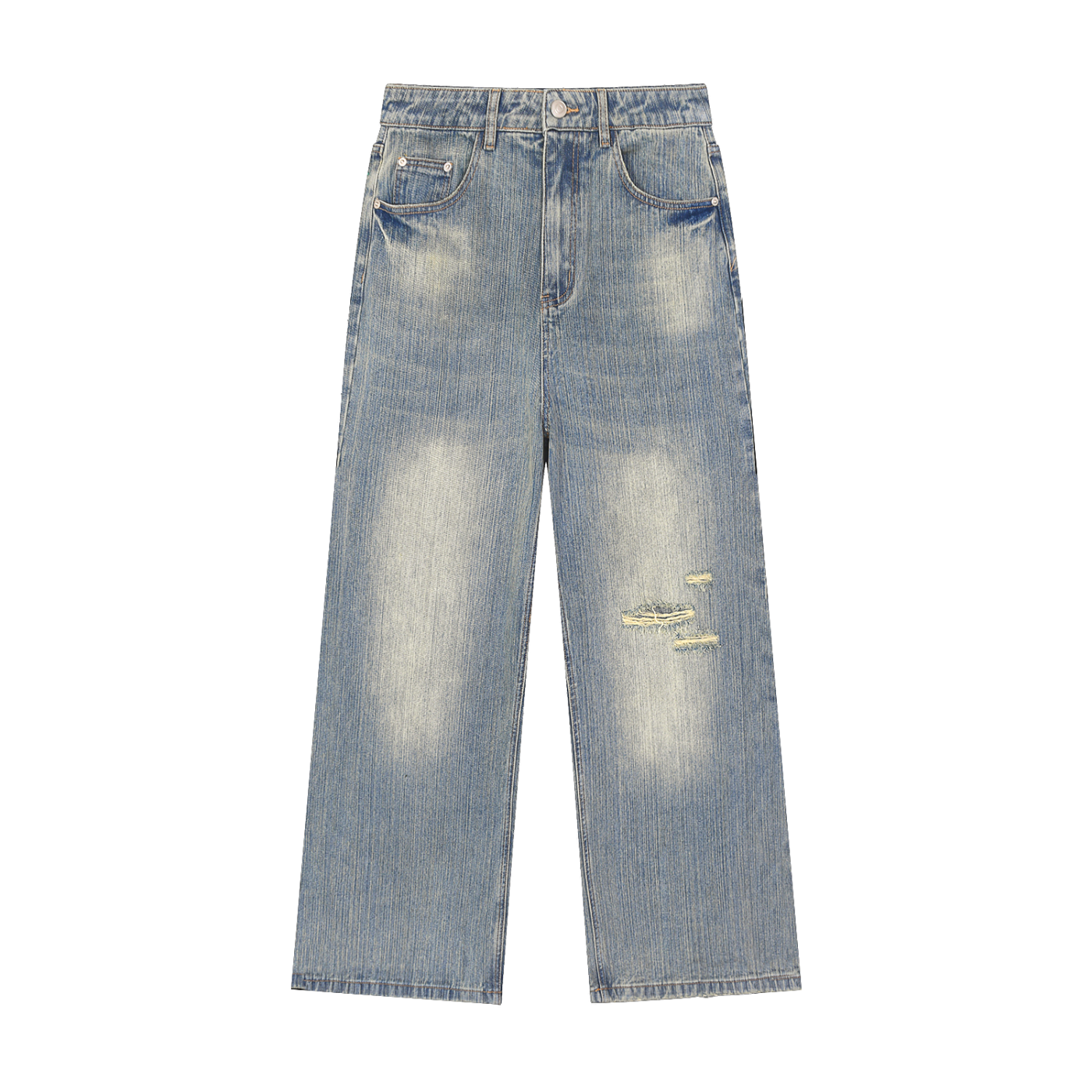Distressed blue wash denim jeans with belt loops, button fly, and ripped knee patches