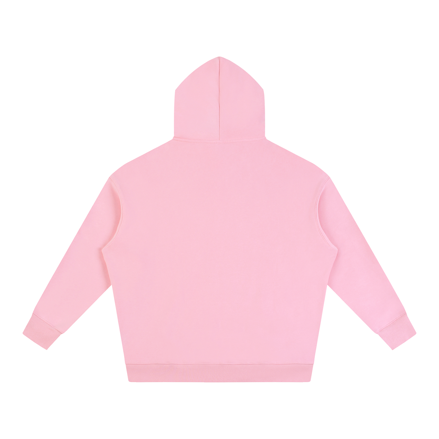 Oversize pullover hoodie in light pink, rear view with hood and kangaroo pocket