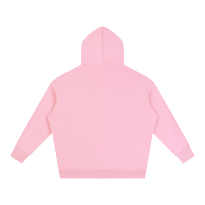 Oversize pullover hoodie in light pink, rear view with hood and kangaroo pocket
