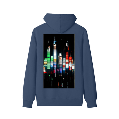 Unisex cotton hoodie in medium blue with colorful glitch city graphic on back