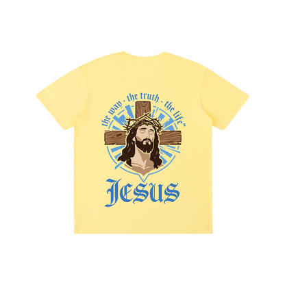 Unisex pure cotton T-shirt, pale yellow with Jesus logo in blue and gold