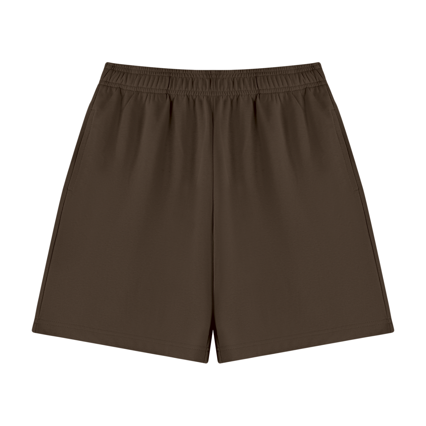 Unisex cotton drawstring shorts, dark brown, elastic waistband, straight short legs