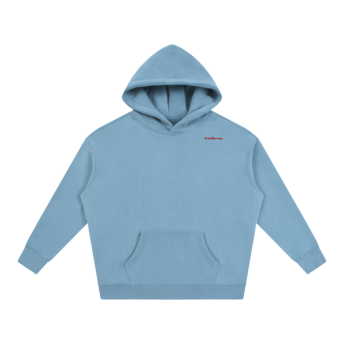 Oversize fleeced hoodie, light blue with hood and kangaroo pocket; small chest logo