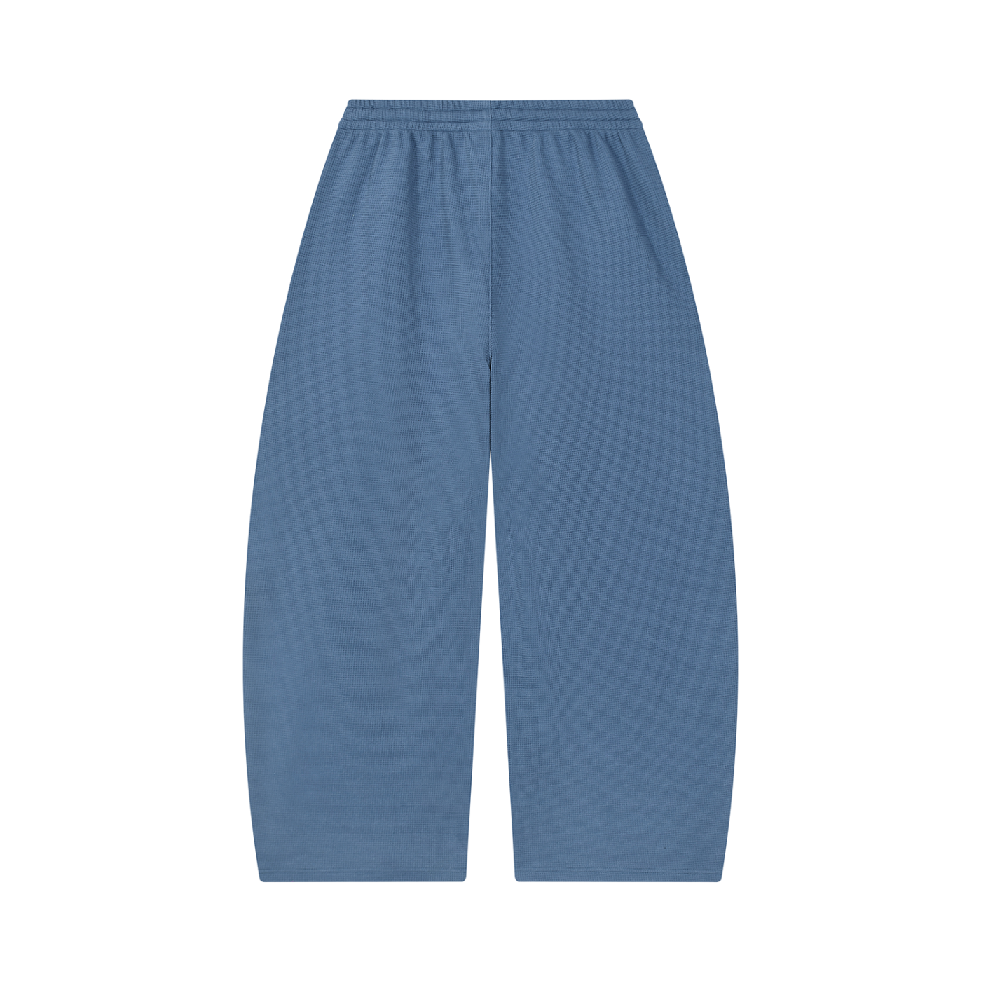 Waffle barrel leg pants in blue, wide barrel silhouette with elastic drawstring waist