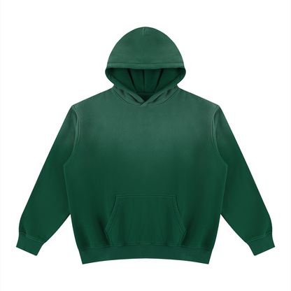 Unisex vintage-wash fleece pullover hoodie, dark green, front view