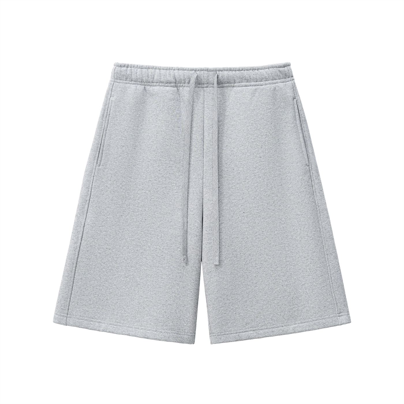 Flower gray heavyweight fleece shorts, elastic waistband with drawstring, front view