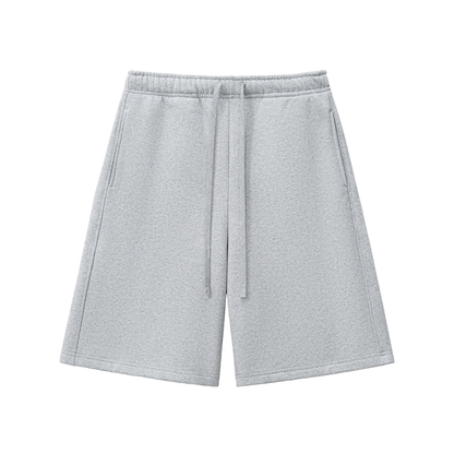Flower gray heavyweight fleece shorts, elastic waistband with drawstring, front view
