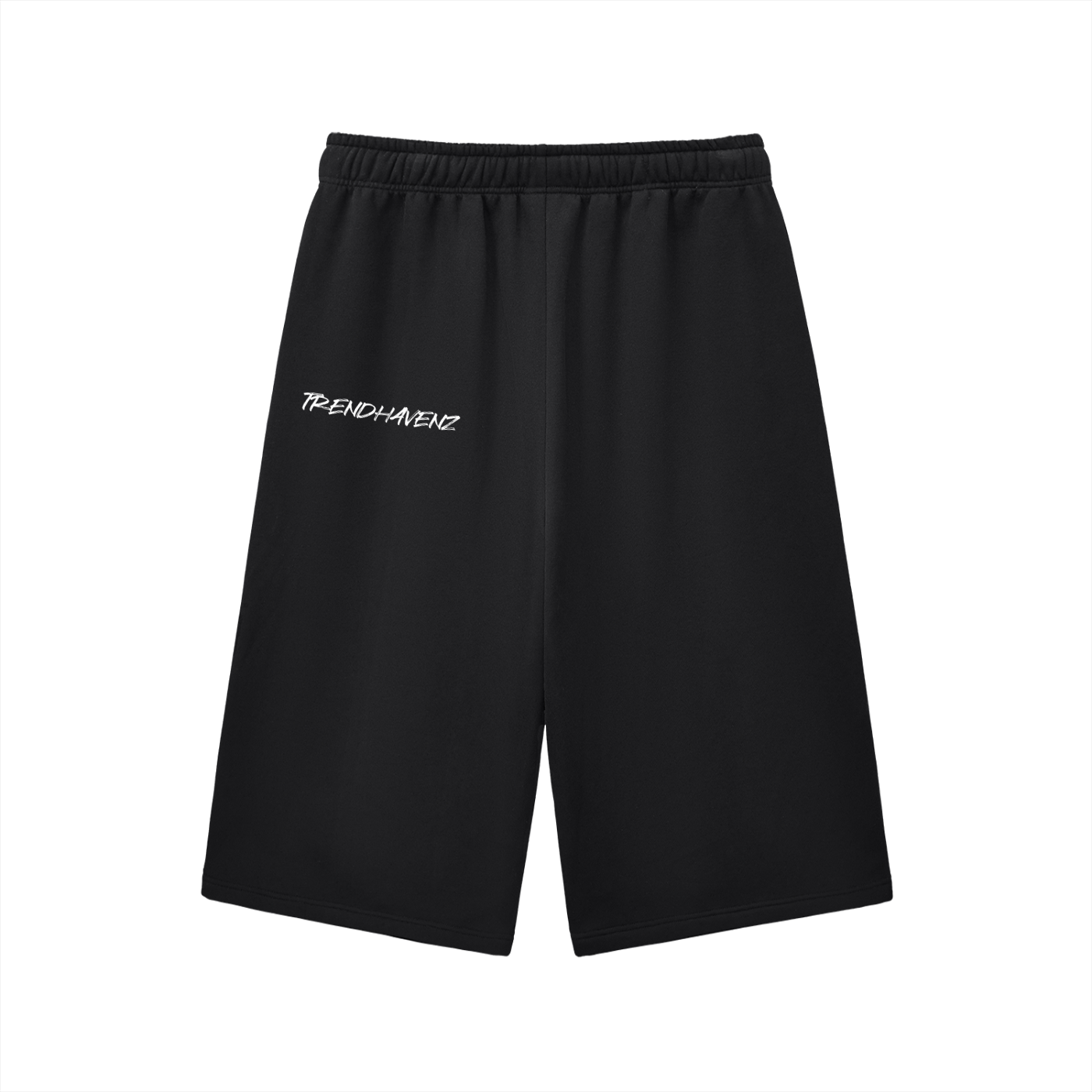 Black three-quarter sweatpants with elastic waistband and drawstring, small left logo