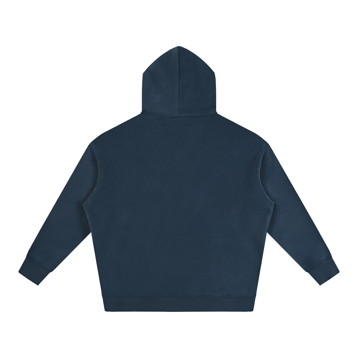Oversize hoodie in navy blue, back view with hood and kangaroo pocket