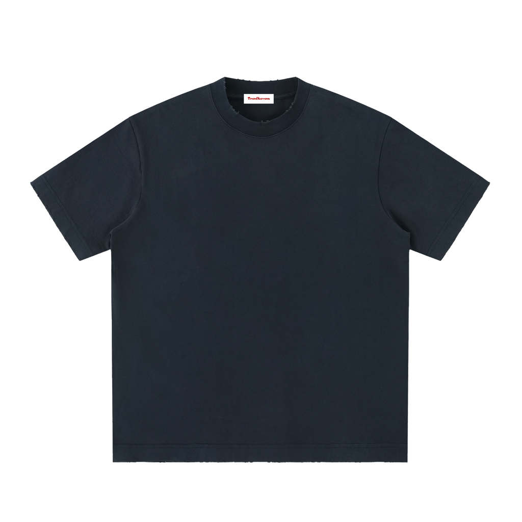 Washed crewneck t-shirt in dark navy, short sleeves, plain front.