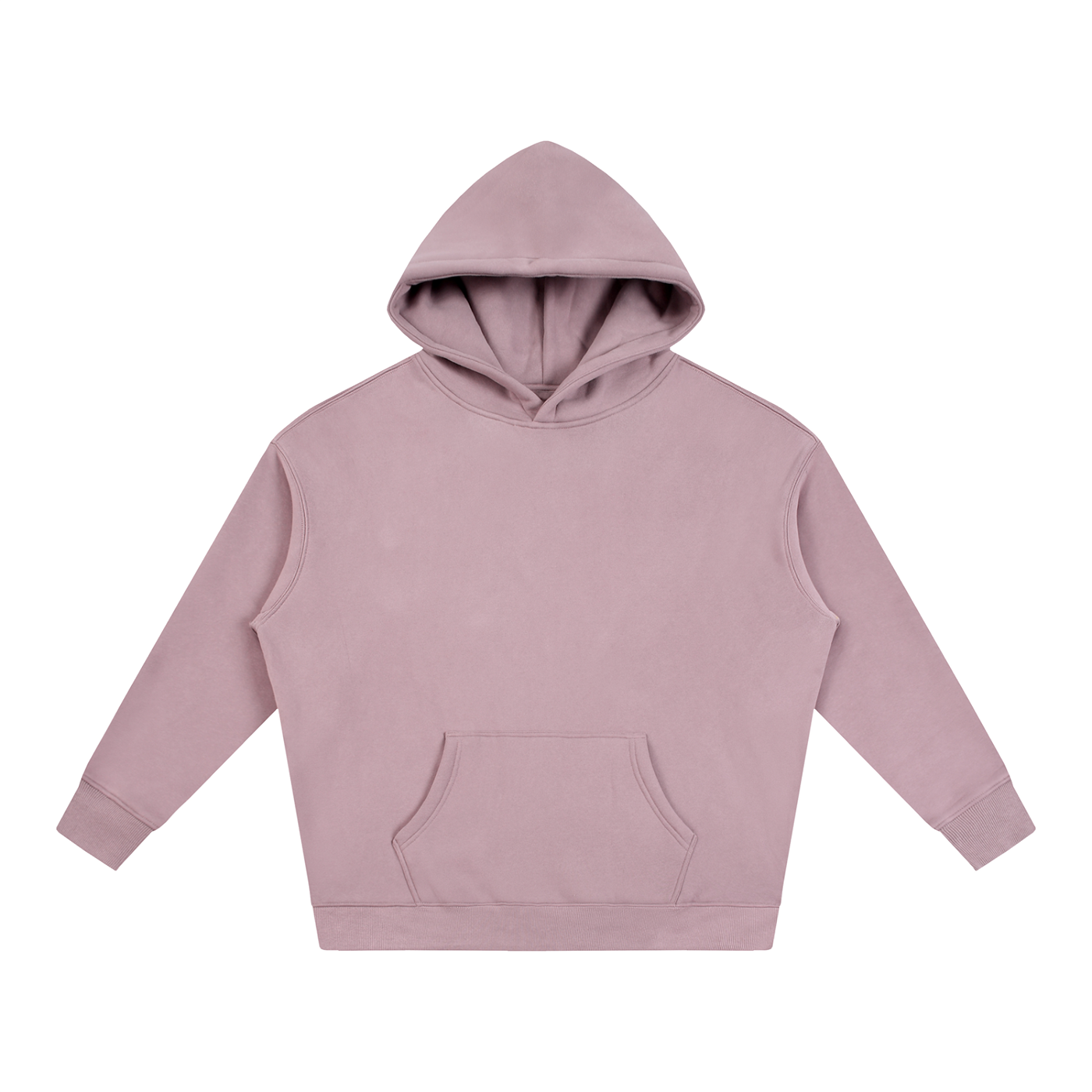 Mauve oversize fleece hoodie with hood and kangaroo pocket, long sleeves.