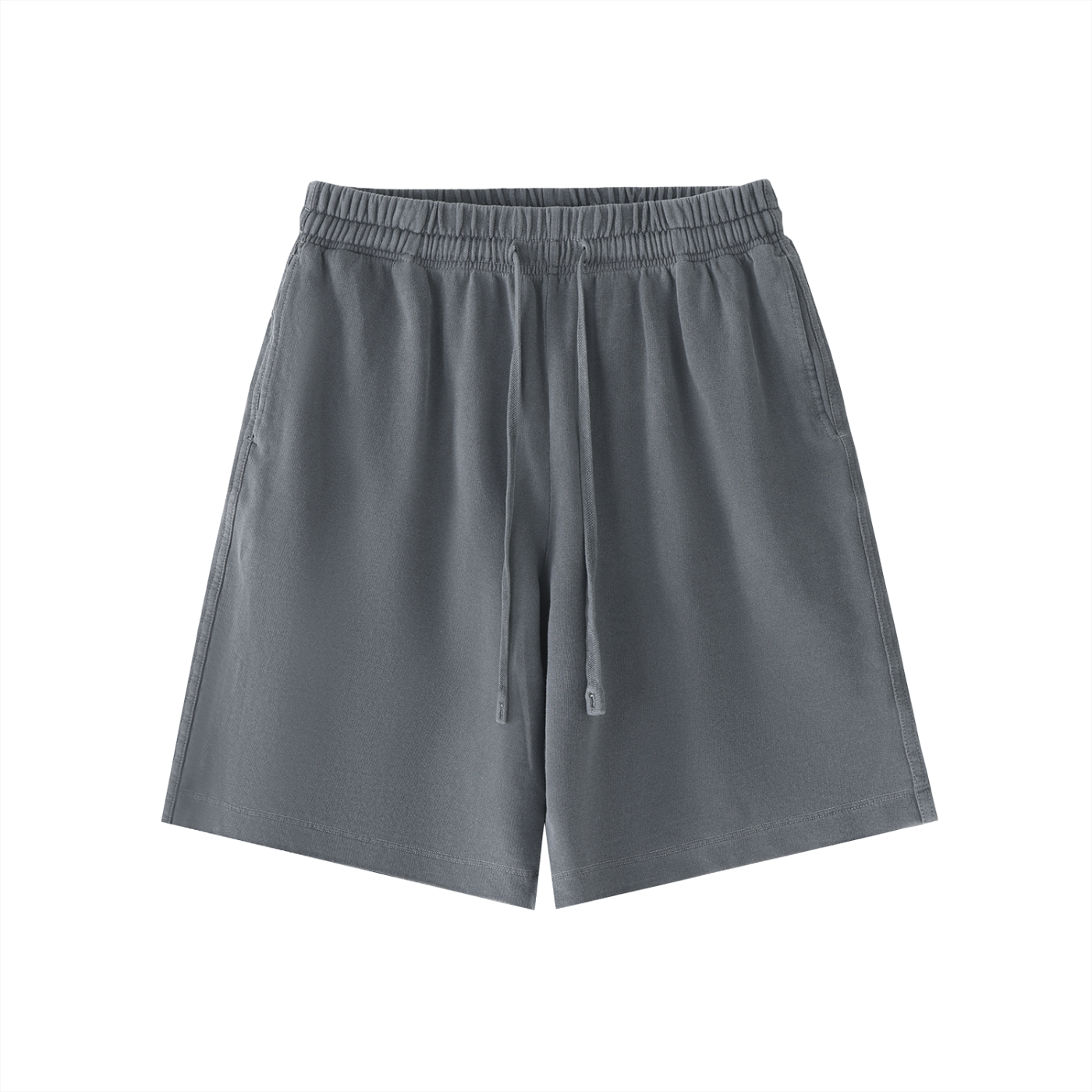 Dark gray cotton shorts with elastic waist and drawstring, side pockets