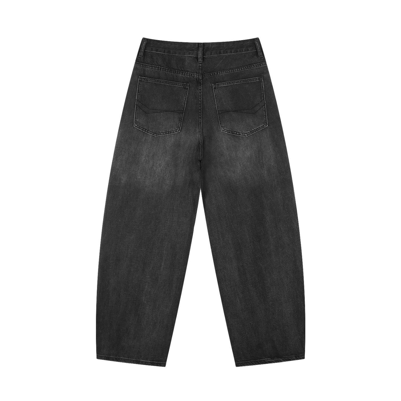 Men's black vintage wash barrel-leg jeans, back view with two rear pockets