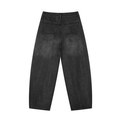 Men's black vintage wash barrel-leg jeans, back view with two rear pockets