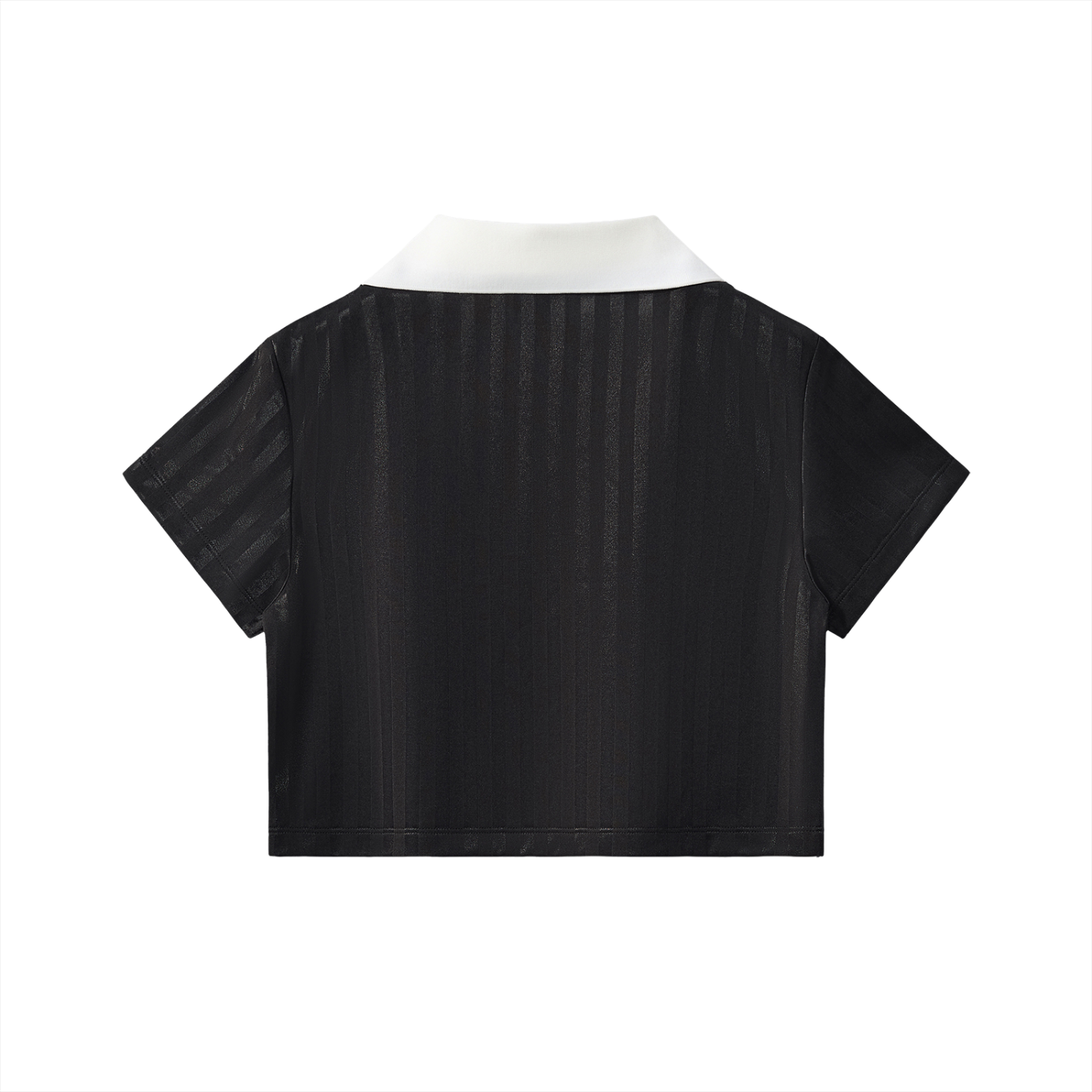 Back view of cropped jersey top with dark fabric and contrast light collar.