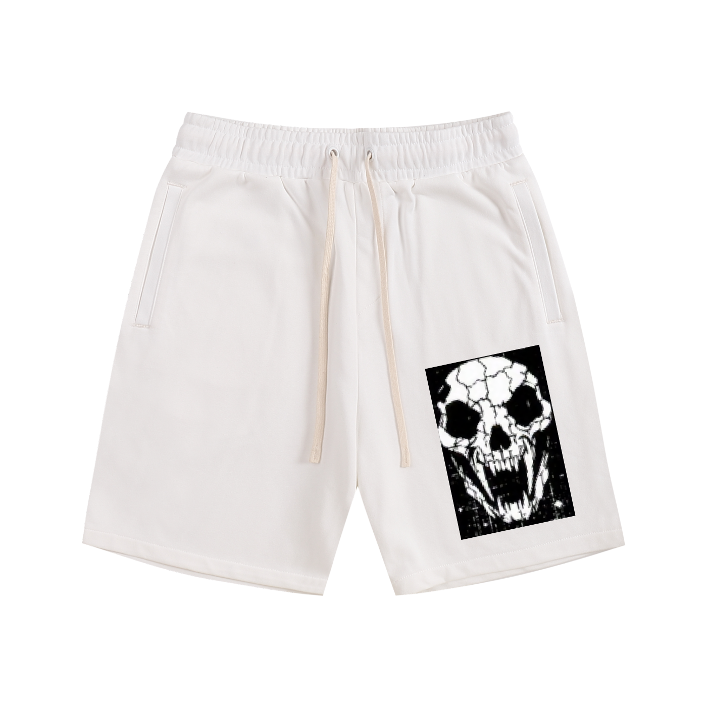 White cotton shorts with elastic waistband, drawstring, side pockets, and skull front graphic.