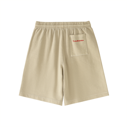 Cotton vintage-wash shorts in khaki, elastic waist and drawstring, front side pocket