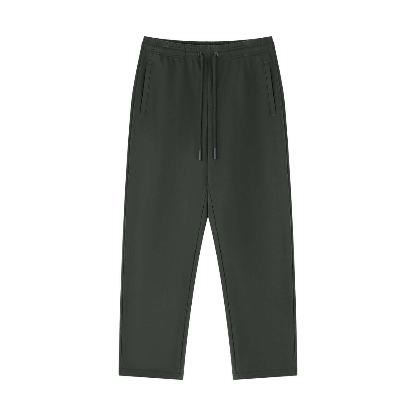 Dark gray straight-leg sweatpants with drawstring waist and side pockets