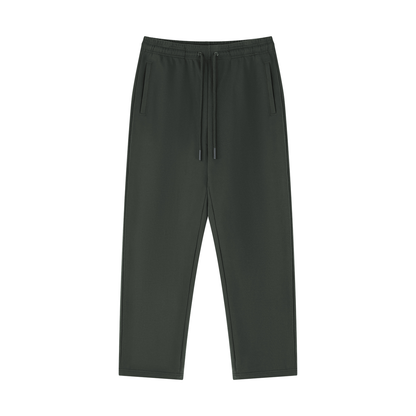 Dark gray straight-leg sweatpants with drawstring waist and side pockets